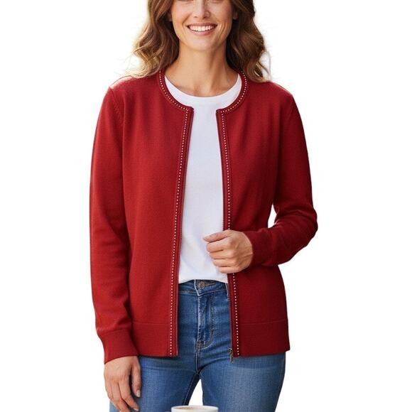 Quacker Factory Red Rhinestone Trim Zip Cardigan Sweater XS - Picture 1 of 9